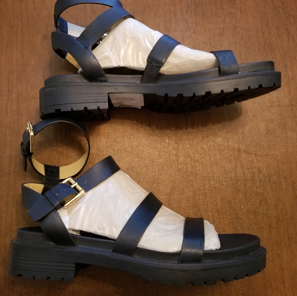 Ralph Lauren Black Leather Triple-Strap Sandals with Gold Buckles NWT - Picture 3 of 6